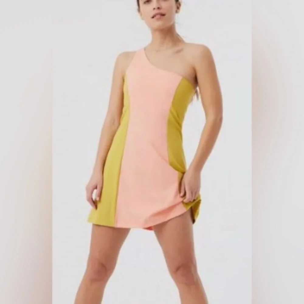 Outdoor Voices Pink and Yellow One Shoulder A-Line Dress
